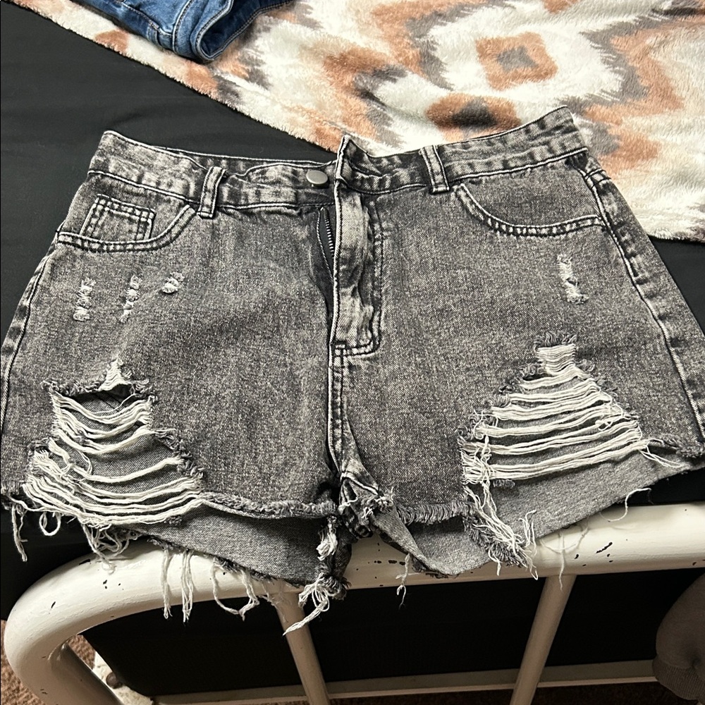 SHEIN Black Distressed Denim Shorts
